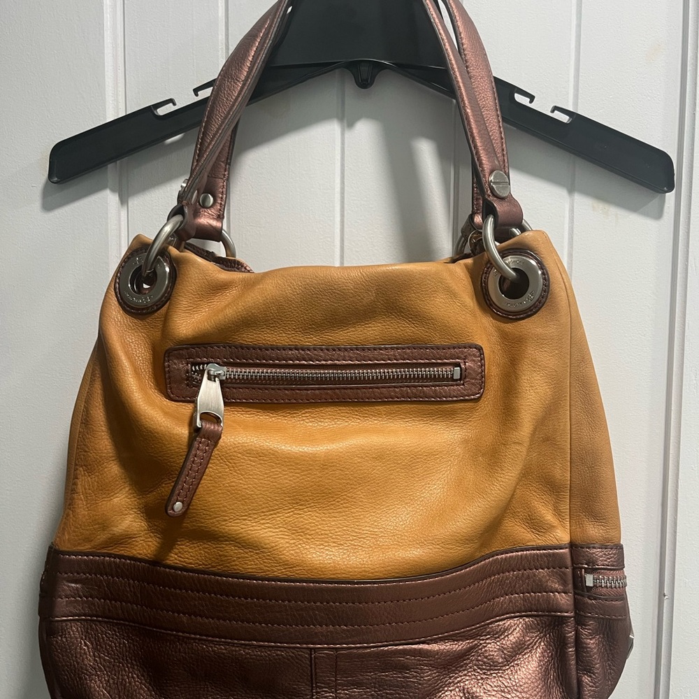 B. Makowsky Brown and Tan Leather Shoulder Bag with Classic Styling